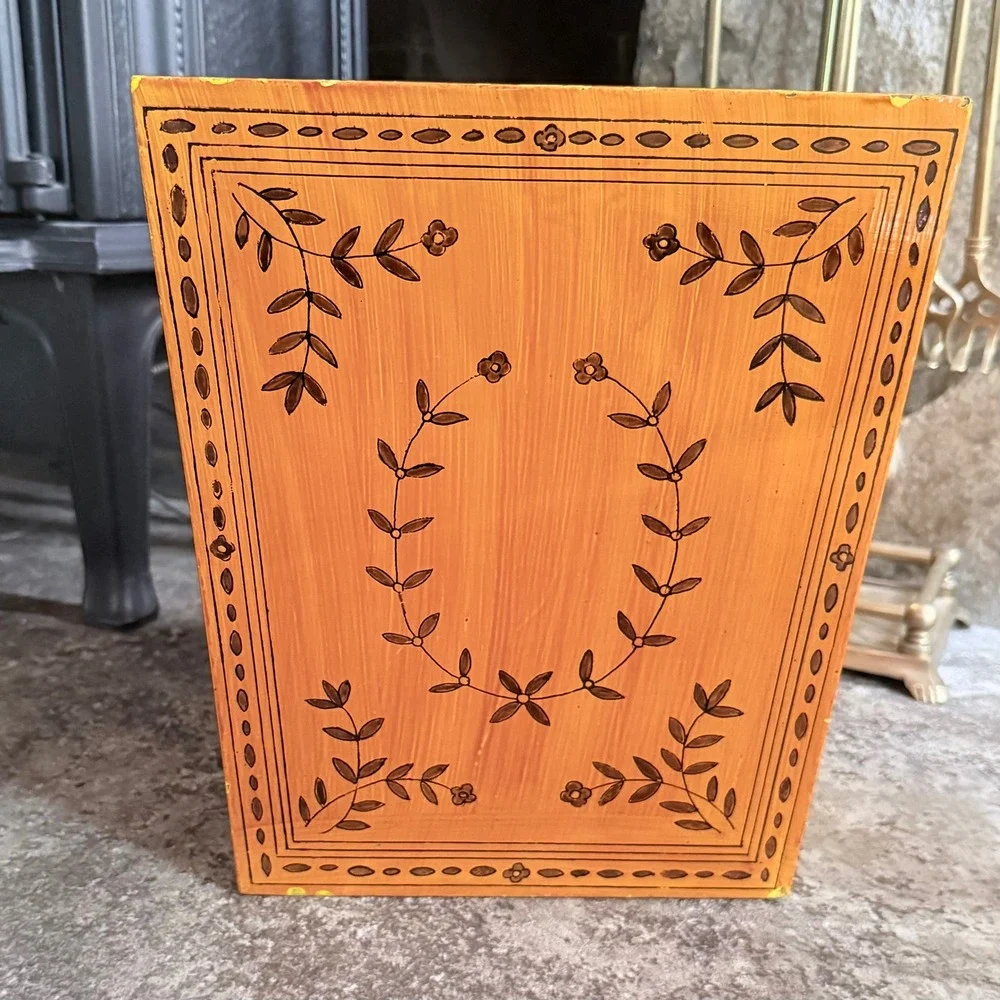 Vintage Hand Painted Wooden Wastebasket - Amber Folk Art Leaf Vine Trash Can